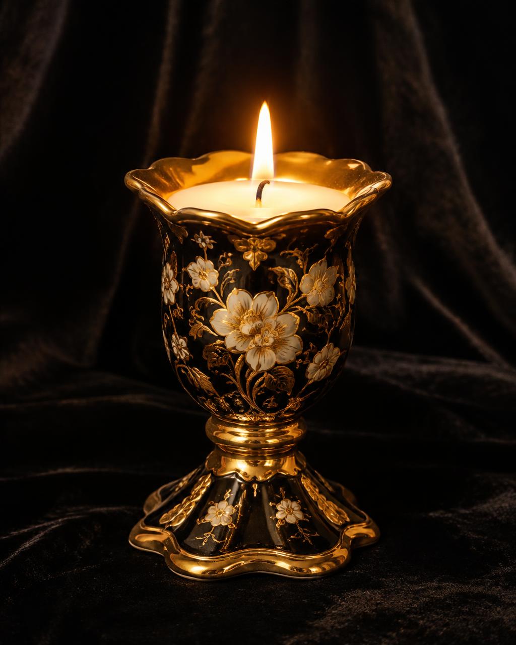Candle in a gold floral holder